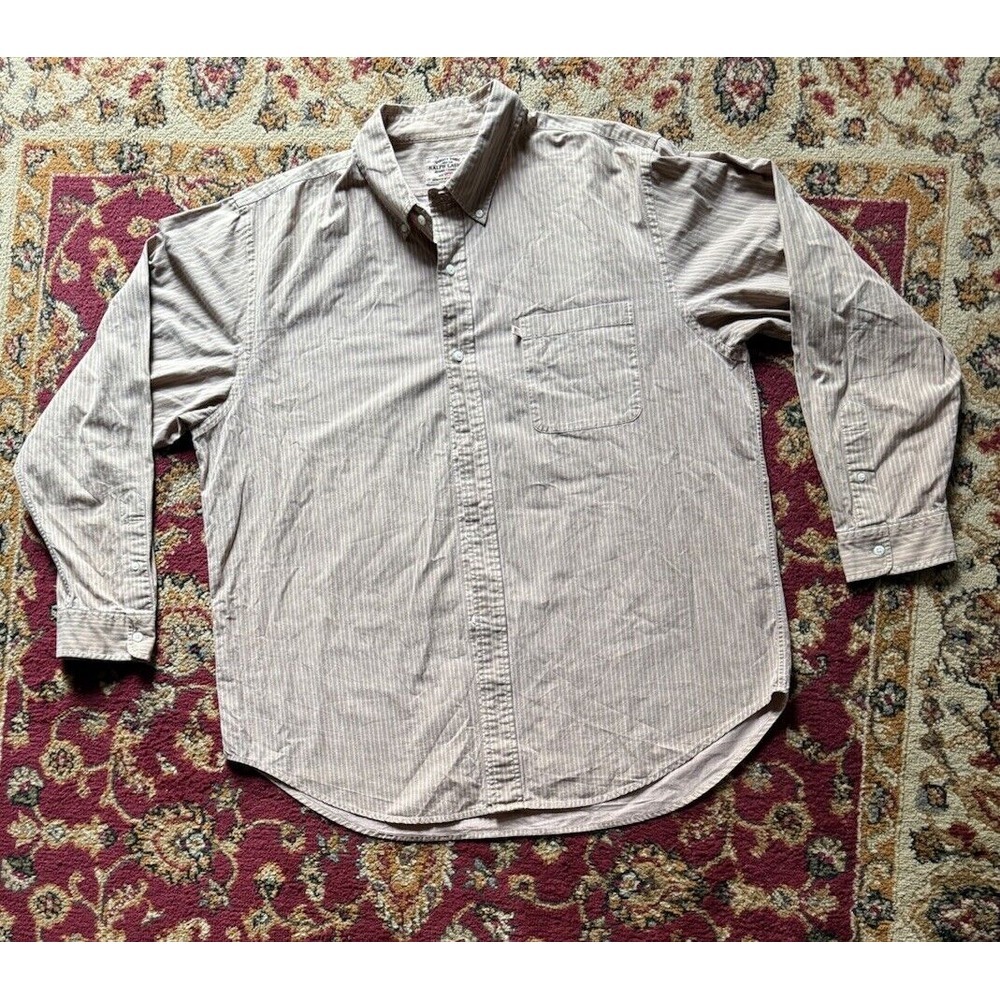Ralph Lauren Jeans Company Mens XL Tan‎ Pinstripe Cotton Button Down Shirt